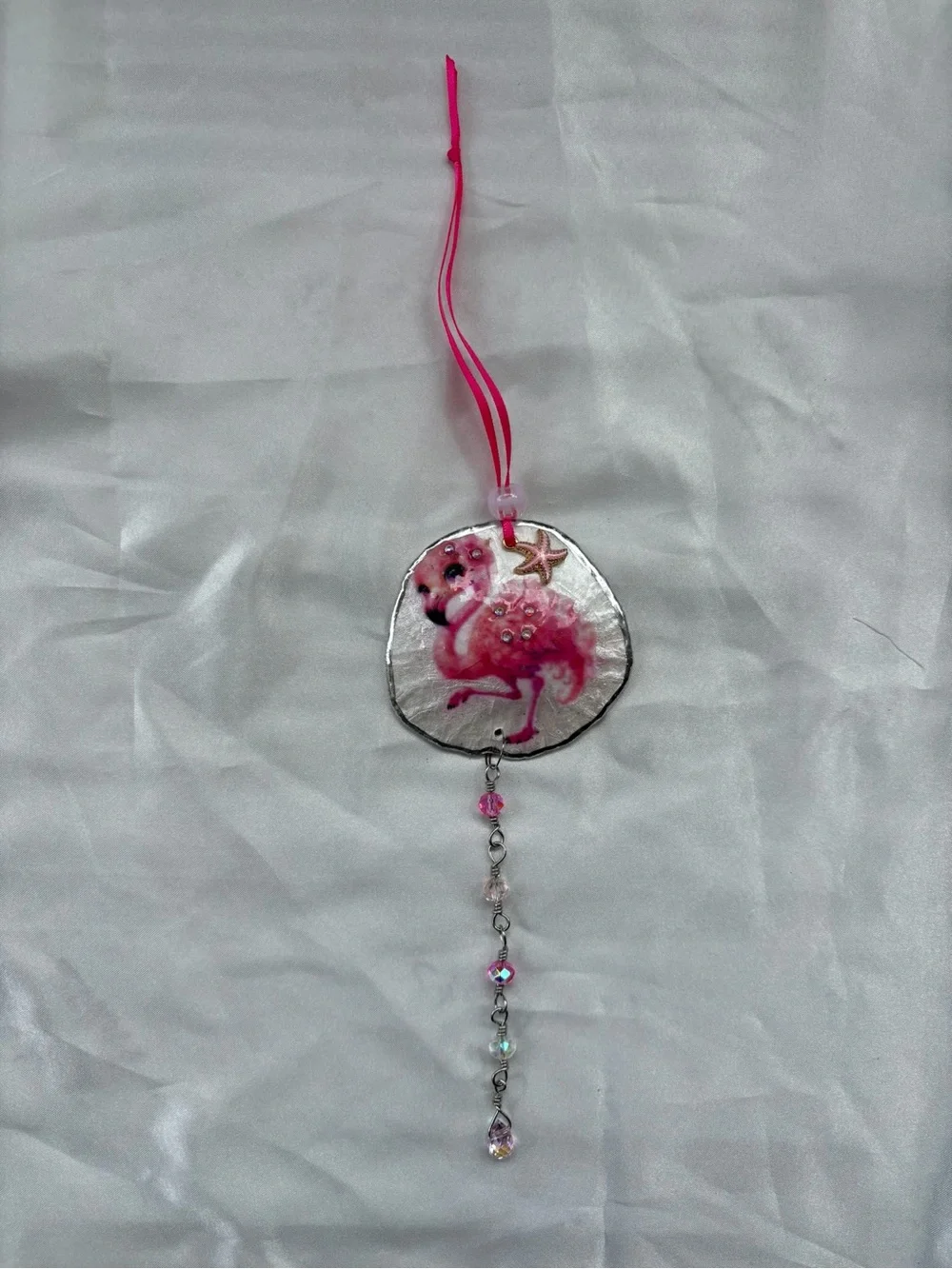 Pink Flamingo Decoupage Sand Dollar Crystal Sun Catcher